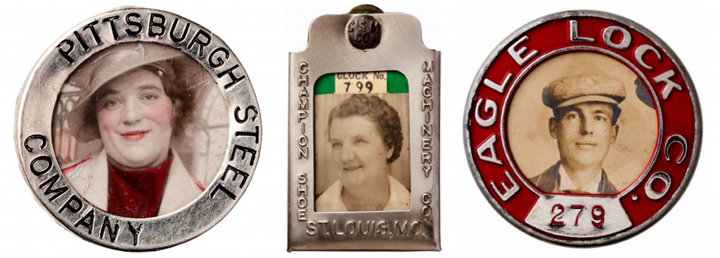 Worker's badges that include vintage portraits, hinting at lost life stories of the American worker. (Images courtesy of Ricco/Maresca Gallery)