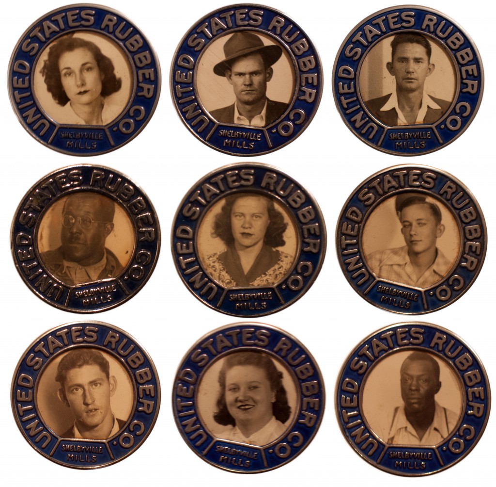 Worker's badges from the United States Rubber Company that include vintage portraits, hinting at lost life stories of the American worker. (Images courtesy of Ricco/Maresca Gallery)