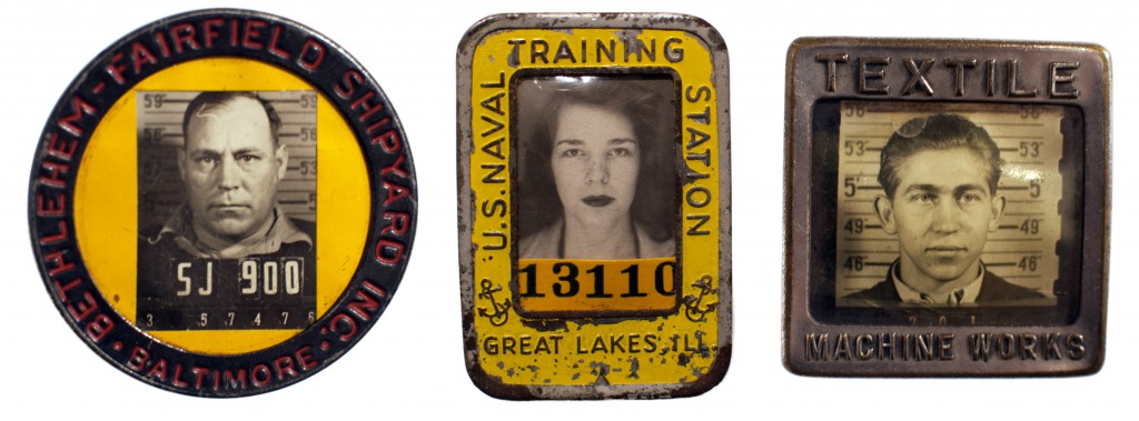 Worker's badges that include vintage portraits, hinting at lost life stories of the American worker. (Images courtesy of Ricco/Maresca Gallery)