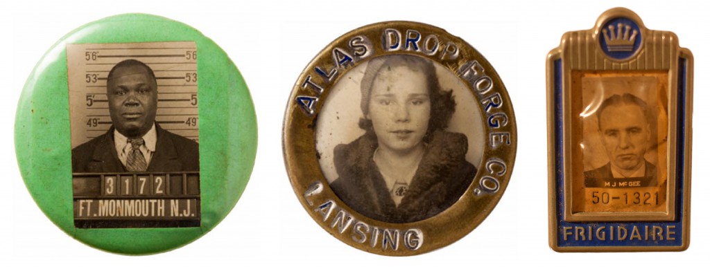 Worker's badges that include vintage portraits, hinting at lost life stories of the American worker. (Images courtesy of Ricco/Maresca Gallery)