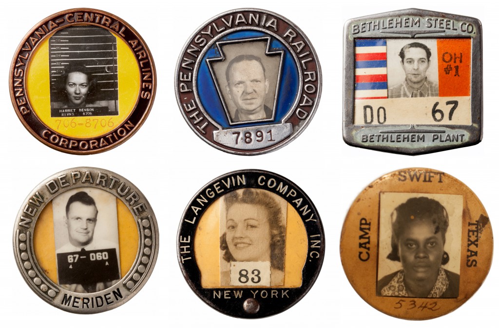 Worker's badges that include vintage portraits, hinting at lost life stories of the American worker. (Images courtesy of Ricco/Maresca Gallery)