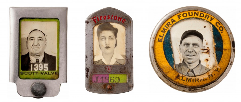 Worker's badges that include vintage portraits, hinting at lost life stories of the American worker. (Images courtesy of Ricco/Maresca Gallery)