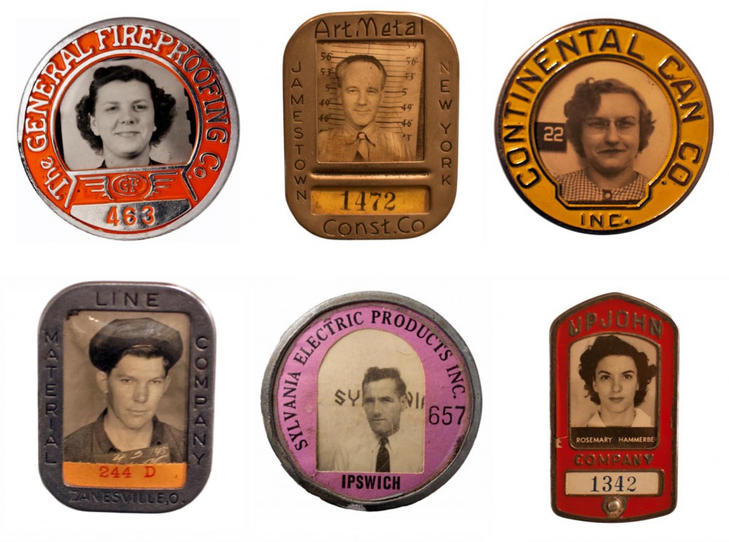 Worker's badges that include vintage portraits, hinting at lost life stories of the American worker. (Images courtesy of Ricco/Maresca Gallery)