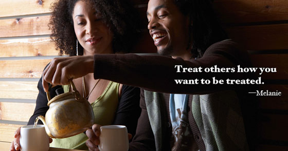 A man pours tea for a woman, representing good advice from the OIC Community on treating people the way you want to be treated. 