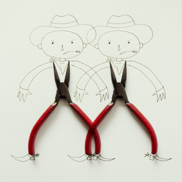 Two open pliers that form the torso and legs of cowboys finished with imagination in line drawings from the creative mind of Javier Perez. (Image © Javier Pérez)