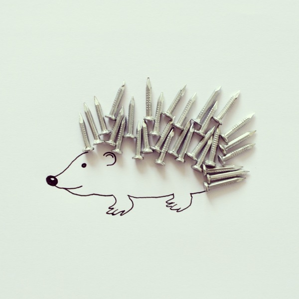 Drawing of a porcupine with screws used to form the quills, all from the creative mind and imagination of Javier Pérez who sees things differently. (© Javier Pérez)