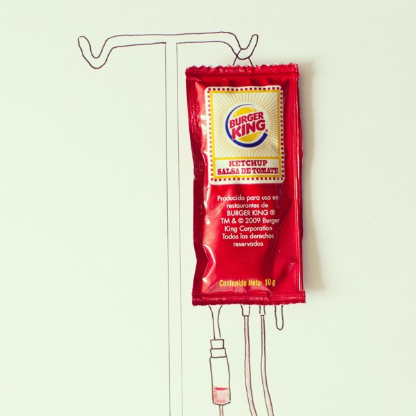Drawing of an IV tube with catsup package added to serve as the bag, all from the creative mind and imagination of Javier Pérez. (Image © Javier Drawing of an IV tube with catsup package added to serve as the bag, all from the creative mind and imagination of Javier Pérez)