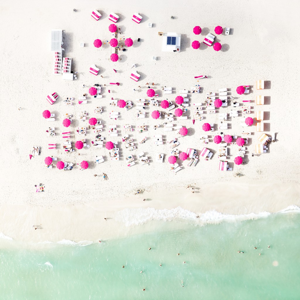 "Beach Candies," image of pink umbrellas on Miami Beach, from a creative photography series taken by Antoine Rose, whose creative process relies on the bird's-eye view  (Image © Antoine Rose)