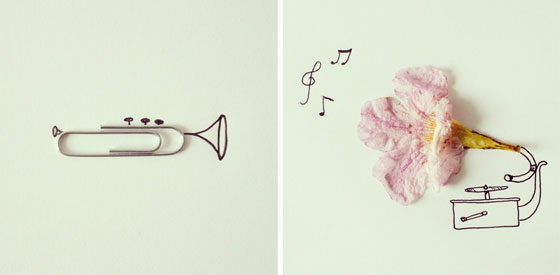 Drawings of a trumpet made from a paperclip and an old phonograph made from a flower, all from the creative mind and imagination of Javier © Javier Pérez, who sees things differently. (Image © Javier Pérez)