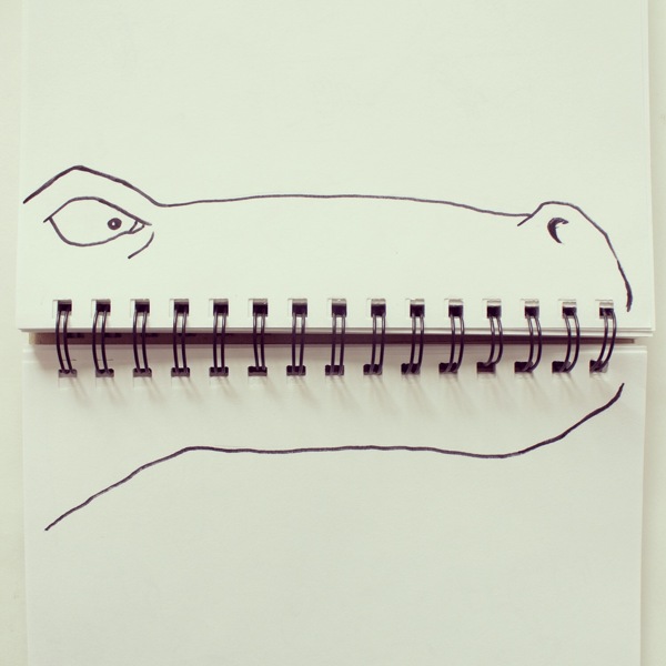 Open notebook with an illustration turning the spiral into the face of a crocodile, showing how the creative mind of Javier Pérez uses imagination to see things differently. (Image © Javier Pérez)