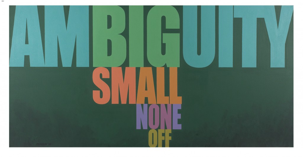 Wordplay painting by John Langdon with the words "ambiguity," "small," "none," and "off" vertically stacked with color used to highlight opposites contained within the words: big (from ambiguity)/small; all (from small)/none; on (from none)/off. (Image © John Langdon)