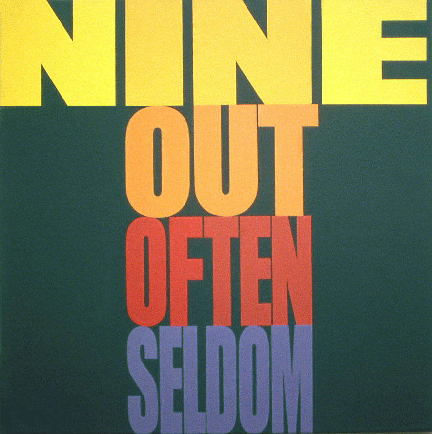 Wordplay painting with the words "nine," "out," "often," "seldom" vertically stacked and color used to highlight opposites in/out and often/seldom. (Image © John Langdon)