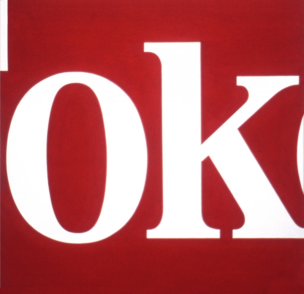 Wordplay painting showing the letters "ok" in white on a red background and a hint of the letter "C" to the left and "e" to the right, cuing that the hidden part of the word would turn "ok" into "Coke."(Image © John Langdon}