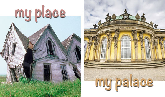 A dilapidated house, labeled "My Place" next to an opulent house labeled "My Palace," illustrating a wordplay game for word lovers. (image ©AbleStock.com and ©pabkov/iStock)