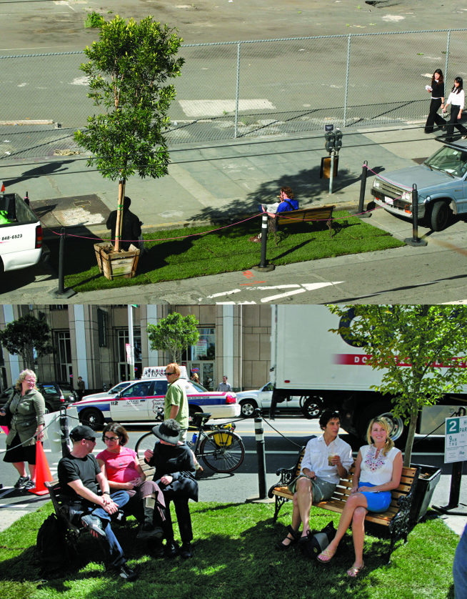 Park(ing) Day gardens, illustrating how creative thinking can redefine public parks. (Image © Rebar)