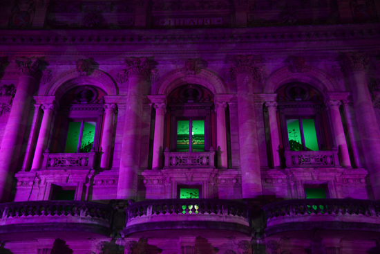 Theatre des Célestins in purple and green, a light installation for Fête des Lumières in Lyon, showing the art of light. (Photography © Meredith Mullins)