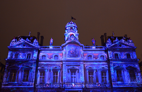 Lyon Hotel de Ville during Fête des Lumières, light installations that show the art of light (Photograph © Meredith Mullins)