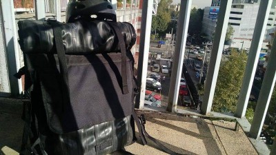 Backpack made from used bike tubes in a Mexican bike co-op, illustrating how co-ops raise money for cyclist movements. (Image © Seth Dominguez)