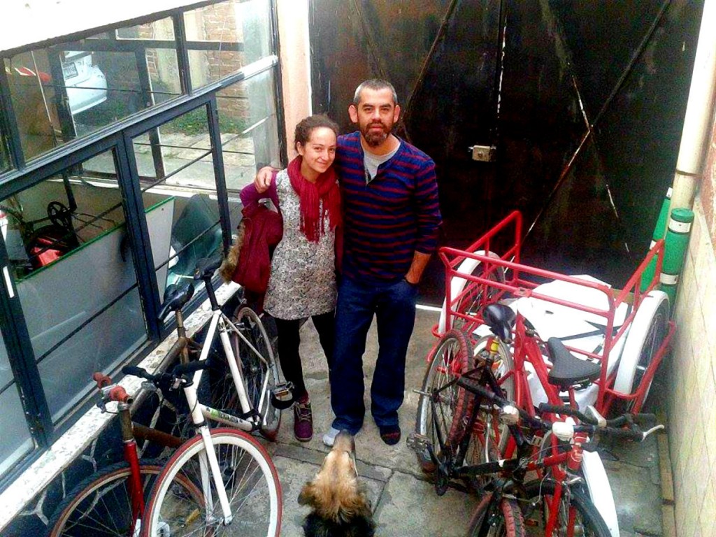 Seth Domínguez and Kerem Meyeus, part of the cyclist movement in Mexico, stand in the communal space of their bike co-op. (Image © Seth Domínguez)