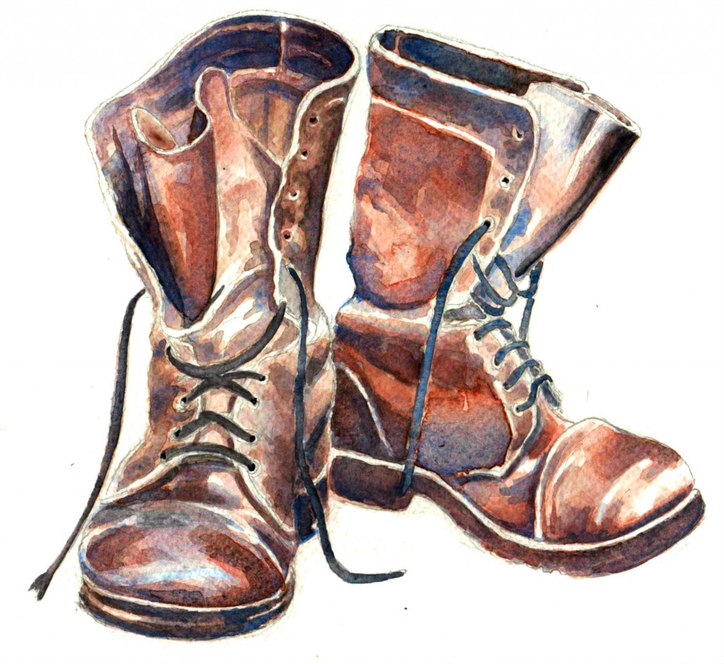 A brown pair of hiking boots, illustrating the essential tool for a walk across America. (Image © Eva Boynton)