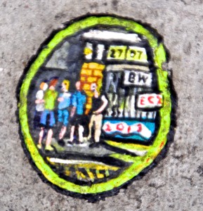 Gum art showing a subway scene, created by Ben Wilson, a London street artist, by painting over discarded gum. (Art © Ben Wilson; photo © Sheron Long)