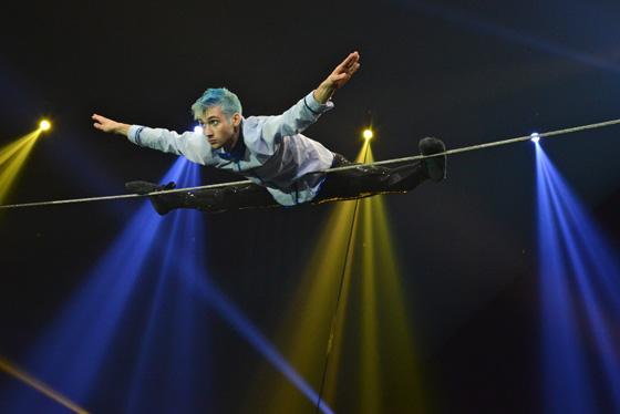 Travel pleasure provided by Francois Bouvier, a circus performer presenting tightrope skills as one of the circus arts of the circus of tomorrow (Photo © Meredith Mullins)