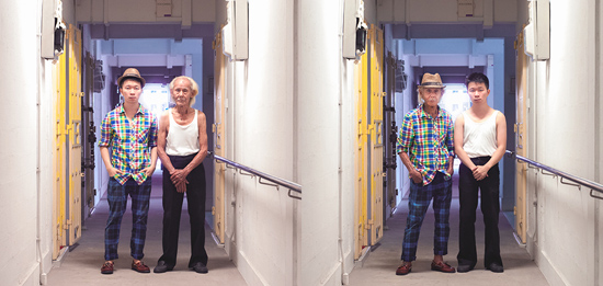 Chinese grandfather and grandson in hallway swapping clothes in generation gap experiment of conceptual photography by Qozop (Photo © Qozop)