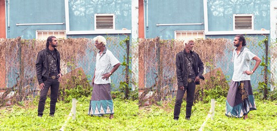 Indian grandfather and grandson in empty lot swapping clothes in a generation gap experiment of conceptual photography by Qozop (Photo © Qozop)