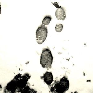 Boot tracks in the snow, illustrating one terrain crossed by an on-foot traveler during long-distance walking. (Image © Eva Boynton)