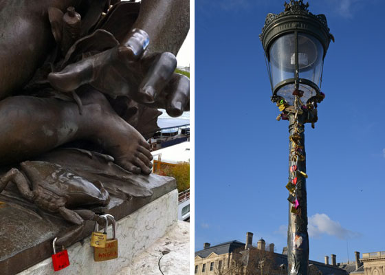 Montage of love locks, a tribute to romance in Paris and the idea of "Can Love Conquer All?" (Photos  © Sheron Long and Meredith Mullins)