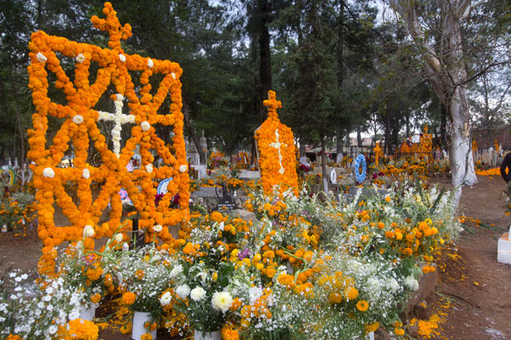 Decorated gravesites in a Mexican cemetery, illustrating Mexican traditions to celebrate the Day of the Dead and the butterfly as a cultural symbol of departed ancestors. (Image © Arturo Peña Romano Medina / iStock)