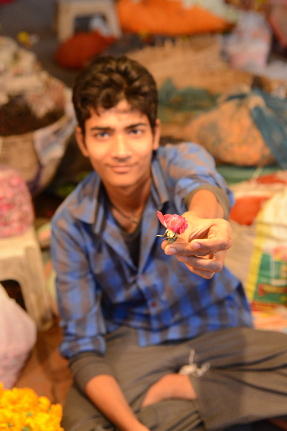 Flower seller in Jaipur market, cultural encounters in Northern India that provide travel inspiration. (Image © Meredith Mullins)