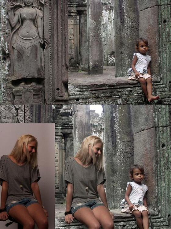 Zilla van den Born with child at an ancient ruin on her virtual vacation in Southeast Asia, inspired by wanderlust. (Image © Zilla van den Born