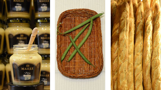 Triptych of mustard, beans, and bread, showing the food focus of French sayings. (Image © Meredith Mullins)