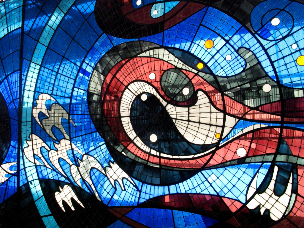 Stained glass panel at the Cosmovitral, a botanical garden and traveler's oasis in Toluca, Mexico.  (Image © Eva Boynton)