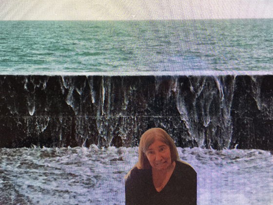 Wave crashing over Meredith Mullins in St Malo, virtual wanderlust inspired by a webcam. (Image © DMT.)