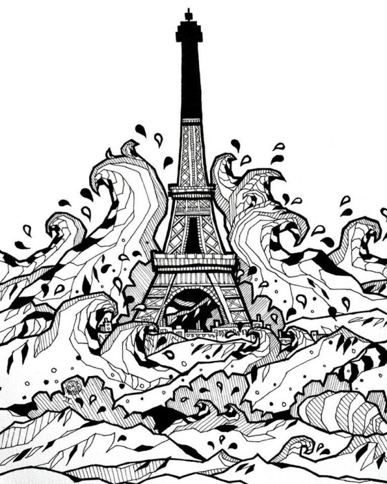 Drawing of Eiffel Tower by Stefan Kaufmann, showing the spirit of French cultural beliefs after the Paris attacks. (Image © Stefan Kaufmann.)