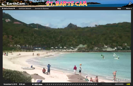Virtual wanderlust via the St Bart's Island webcam. (Image courtesy of Earthcam.)