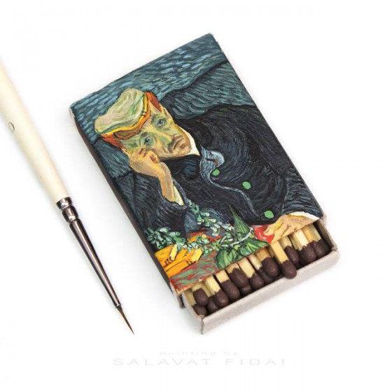 Matchbox of Van Gogh's Portrait of Dr. Gachet by Salivat Fidai providing travel inspiration for impressionist art. (Image © Salivat Fidai.)