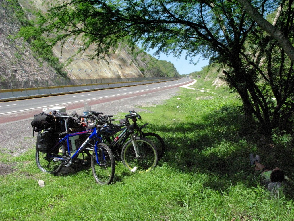 A group of bicycles parked in the shade of a tree, showing a survival essential during adventure cycling on Mexican toll roads (Image © Eva Boynton)