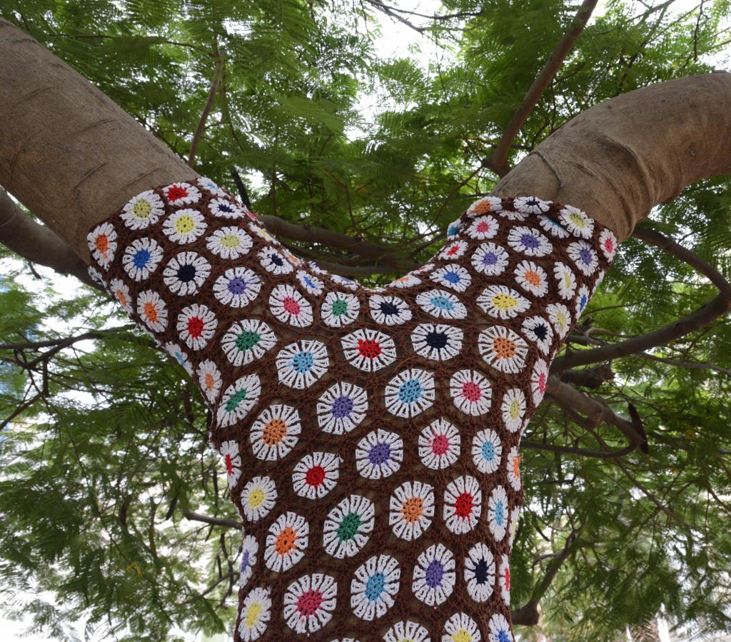 A knit wrap on tree, decorations for carnival celebrations in the Canary Islands, travel adventures of the best kind. (Image © Meredith Mullins.)