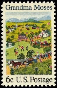 1969 U.S. postage stamp (6 cents) honoring the art of Grandma Moses, illustrating how looking carefully into something as tiny as a stamp can help people see things differently. (Image by Bureau of Engraving and Printing [Public domain], via Wikimedia Commons)