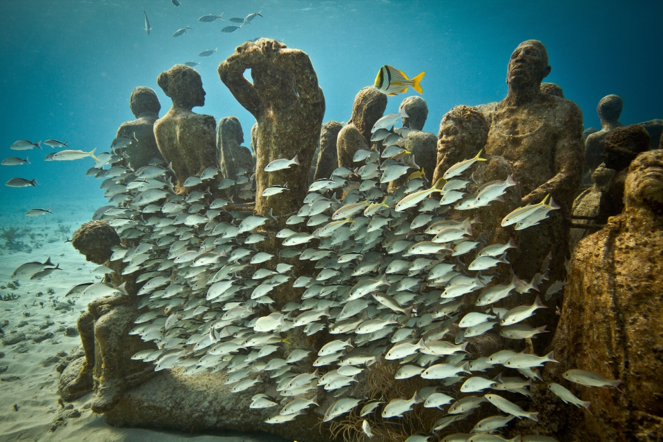 A school of fish swims around sculptures that have become an artificial reef in Jason deCaires Taylor's underwater museum, demonstrating the innovation of an underwater museum. (Image © Jason deClaires Taylor).