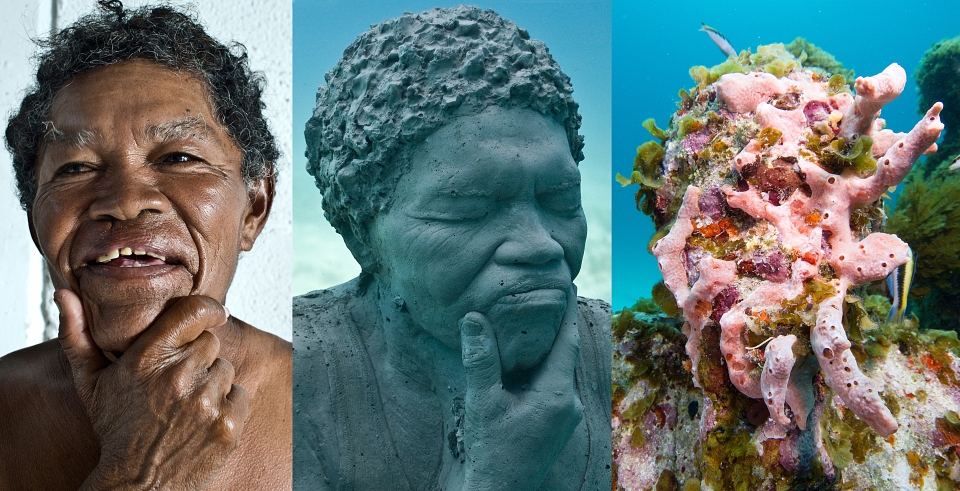 A model's face, the sculpture of the model, and the sculpture transformed by the ocean after its installation in the underwater museum of Jason deCaires Taylor, showing innovation by both artist and ocean. (Image © Jason deCaires Taylor)