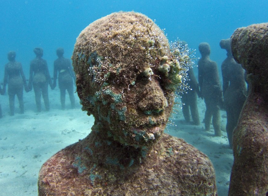 Sculpture in the underwater museum by Jason deCaires Taylor, showing innovations by artist and ocean. (Image © Jason deCaire's Taylor)
