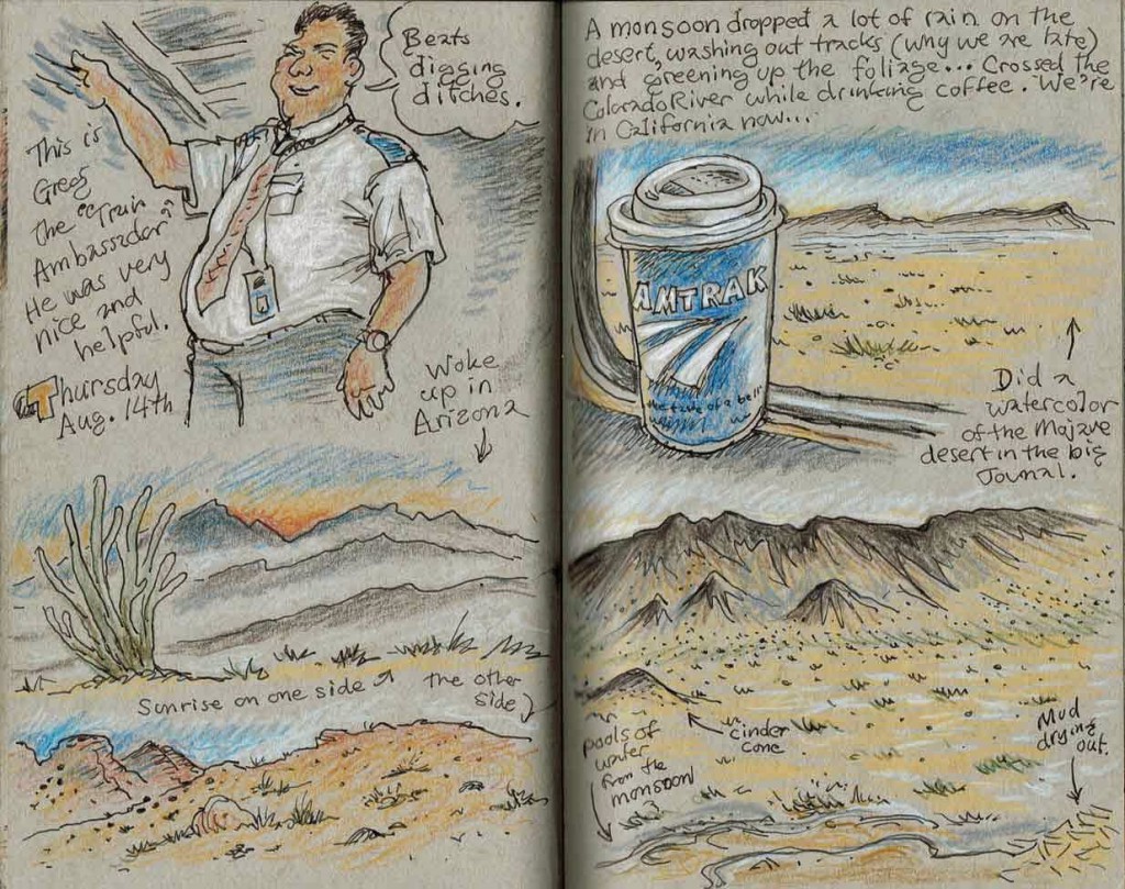 A drawing in a sketchbook of scenes from a train window, showing an aha moment about capturing time in a travel sketchbook (image © Ken Avidor).