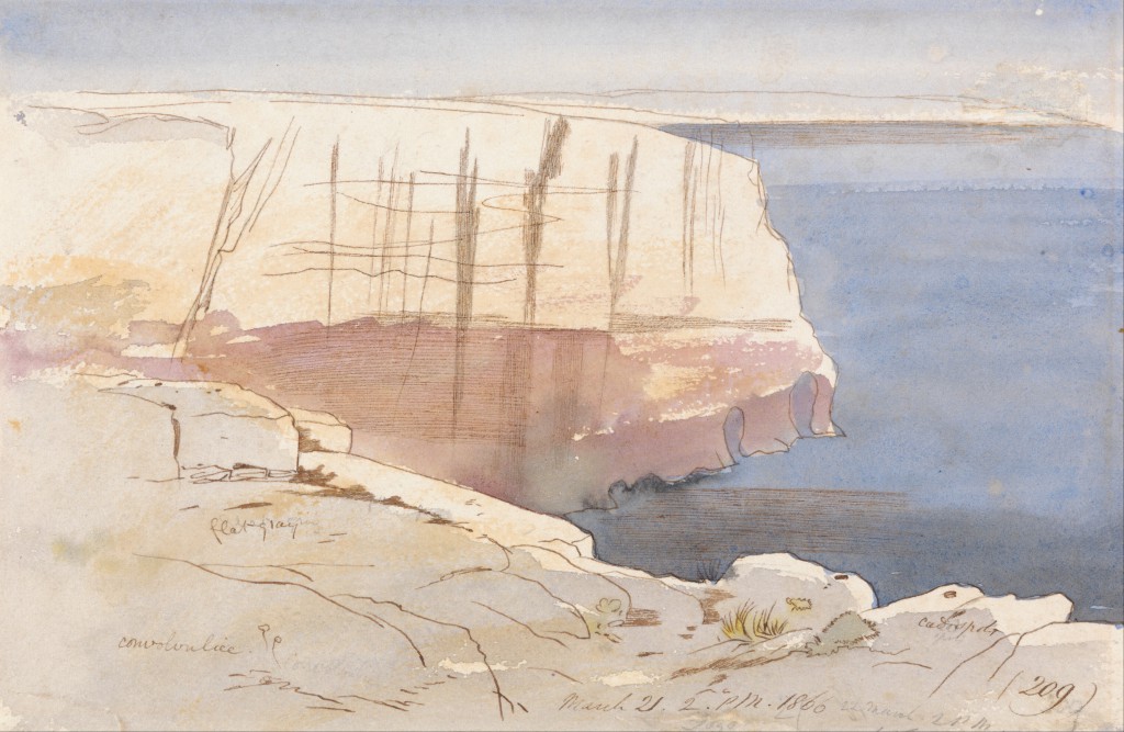 Edward Lear's watercolor painting of Gozo, Malta, a place he visited with a traveler's wanderlust and one that inspired his wordplay. (Image by Edward Lear, public domain via Wikimedia Commons) 