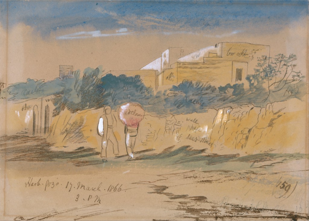 Edward Lear's watercolor painting of Gozo, Malta, a place he visited with a traveler's wanderlust and one that inspired his wordplay. (Image by Edward Lear, public domain via Wikimedia Commons)
