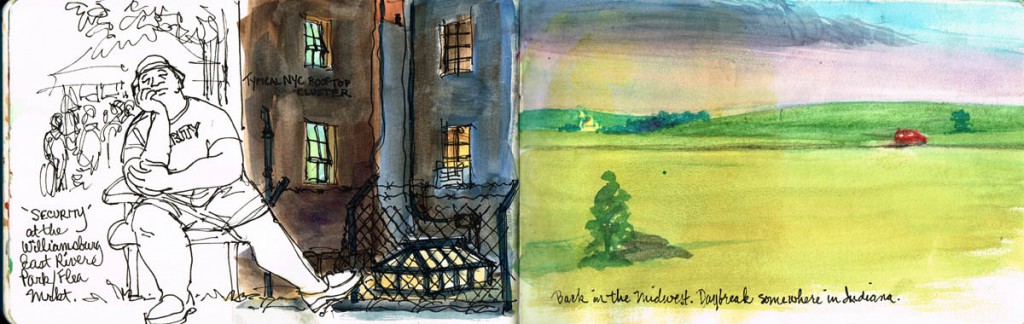 Drawing of New York City apartments fading into Indiana fields, showing an aha moment in the travel sketchbook (image © Roberta Avidor).