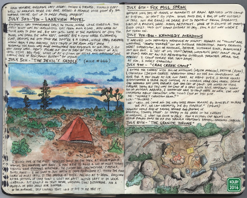 A journal with writing and drawing of a campsite, showing the aha moment of the travel sketchbook (image © Kolby Kirk).